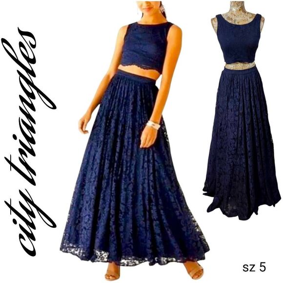 Formal Dark Blue Lace 2 Piece Crop Top Full Maxi Skirt Gown Long Dress Designer - Picture 2 of 15